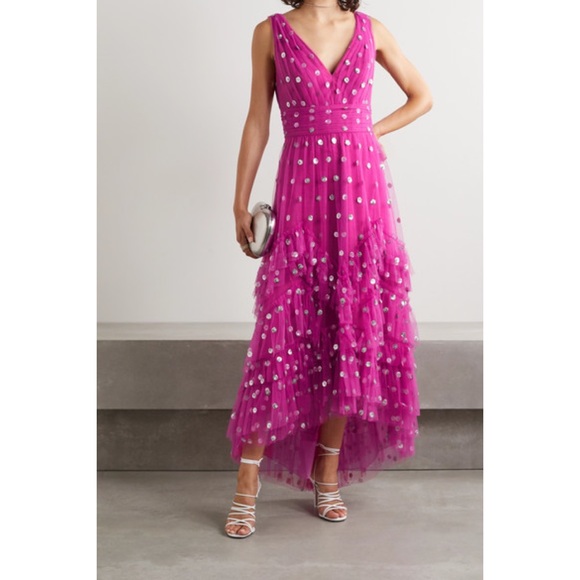 Marchesa Notte Sequin Dot Tulle Ruffle Midi Dress - Picture 4 of 13